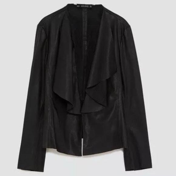 Zara Faux Leather Black Waterfall Blazer Jacket Size Large - Picture 3 of 6